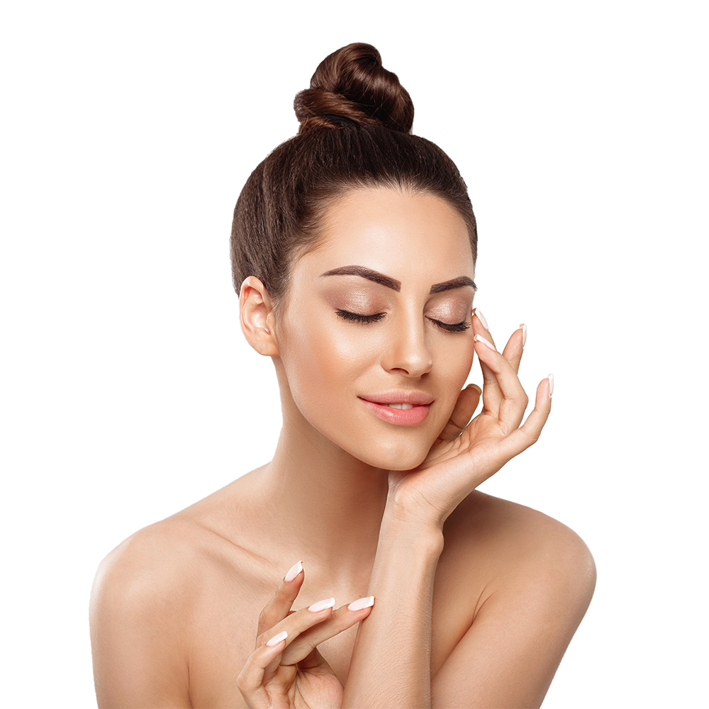 Beautiful woman portrait, skin care concept, Skin care. Dermatology. Portrait of female hands with manicure nails touching her face. Spa. Girls cosmetics. Facial treatment. Soft skin and naked shoulders, model with light nude make-up.