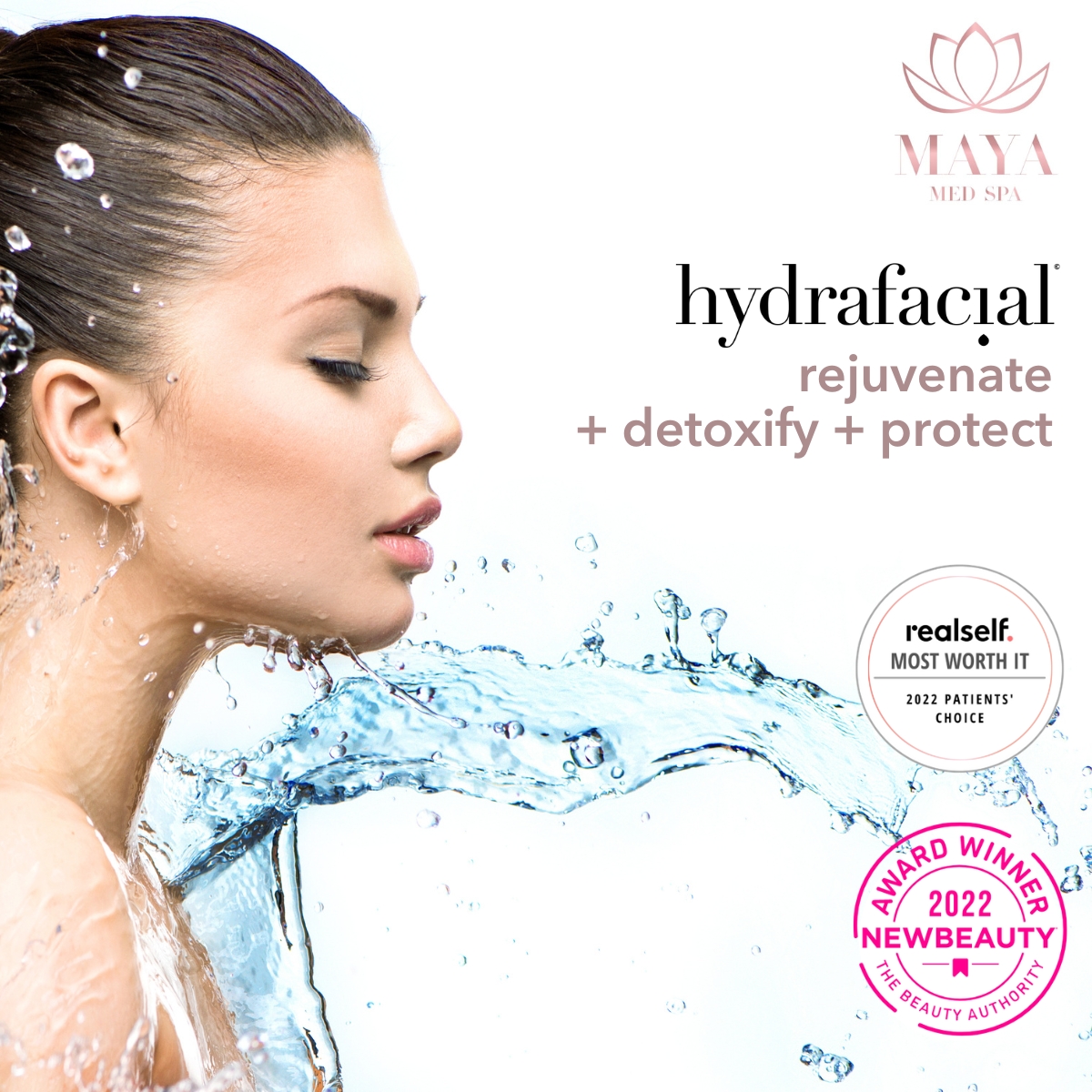 A stunning woman advertising Hydrafacial- a service offered by Maya Medspa in Little Falls, New Jersey.